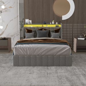Full <b>Size</b> Modern Soft <b>Bed</b> Frame LED 4 Under-<b>bed</b> Portable Storage Drawers Wings Headboard Design Light Grey Apartment-Friendly - Product Image 3