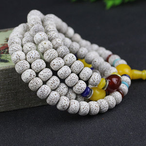 Bracelet de prière bouddhiste 108 perles en graines de Bodhi de Hainan, bijou de cérémonie religieuse unisexe, forme baril, blanc moucheté - Product Image 1