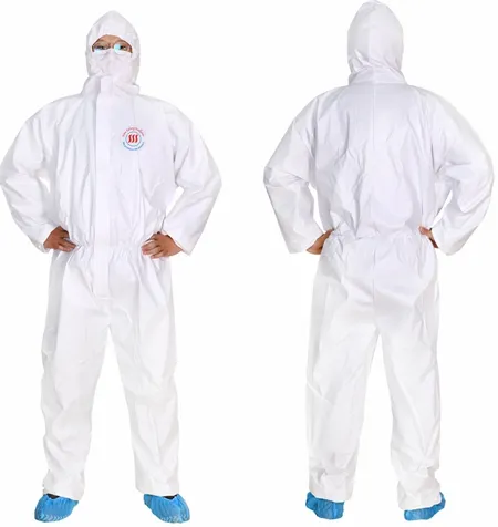 In magazzino tuta di protezione impermeabile En14126 55Gsm Pp + Pe tuta monouso abbigliamento di sicurezza