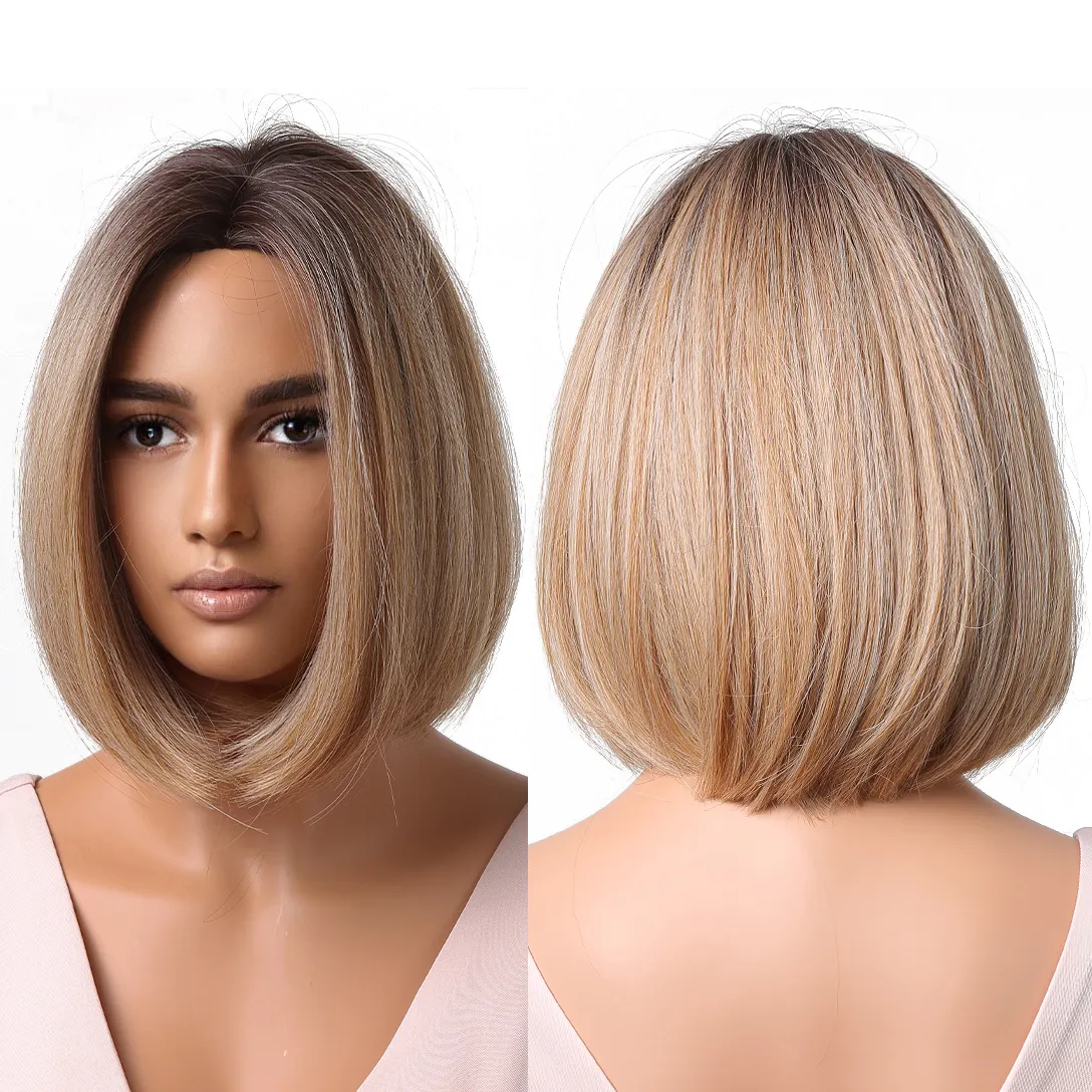 Peruca curta lisa, perucas de cabelo sintético castanho a loiro do cabelo natural para mulheres, cosplay resistente ao calor