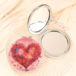 Espejo Compacto de Cuero PU con Diseño Floral de Corazón Rojo en Acuarela, Marco Redondo de Hierro Plateado, Espejo de Maquillaje de Bolsillo de Doble Cara con Cristal HD, Venta al por Mayor - Product Image 3