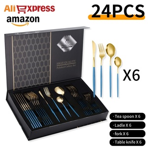 Ensemble de couverts en acier inoxydable de style européen, 24 pièces, finition miroir, avec <span class=keywords><strong>fourchette</strong></span>, <span class=keywords><strong>cuillère</strong></span>, <span class=keywords><strong>couteau</strong></span> (vert or) - Product Image 6