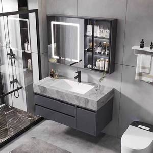 Mueble de baño moderno con encimera de losa de mármol, espejo con iluminación inteligente y almacenamiento, montado en la pared. - Product Image 1