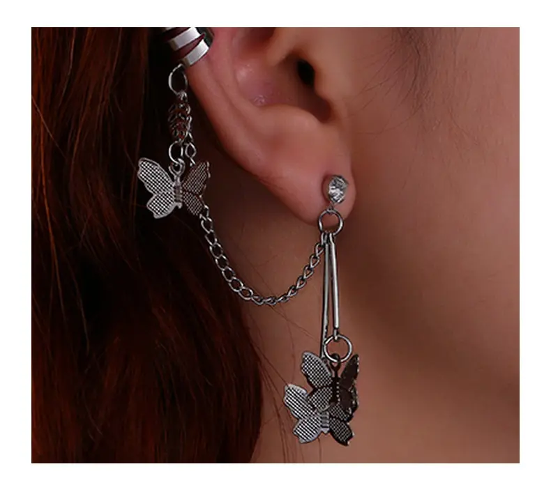 Boucles d'oreilles en zircon avec papillon, boucles d'oreilles créatives européennes et américaines, clip en os, rouge, double chaîne
