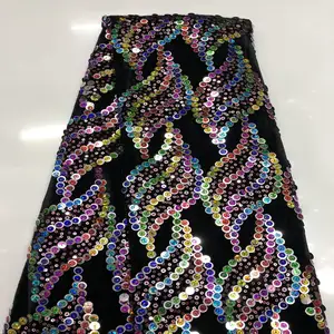 Tela de encaje de terciopelo elegante, bordado de hojas multicolor con lentejuelas para vestido de baile, 357903