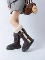 Sepatu Bot Salju Platform Wanita 2025 Musim Dingin Model Baru Setengah Betis Suede Kerah Bulu Keriting Sabuk Berlapis Bulu Domba Buatan Sol Tengah