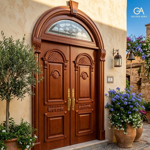 Puerta Doble de Entrada Exterior para Villa, Modelo GA-03F, de Madera Cengal Resistente y Sólida, con Panel Superior de Vidrio - Product Image 3