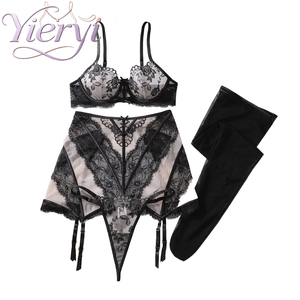 YIERIYI Ensemble de <span class=keywords><strong>Lingerie</strong></span> Florale <span class=keywords><strong>en</strong></span> Dentelle pour <span class=keywords><strong>Femme</strong></span> avec Soutien-Gorge à Armatures, Porte-Jarretelles, String et Bas <span class=keywords><strong>en</strong></span> Résille Transparente Brodée Noir - Product Image 5
