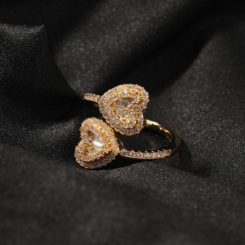 New Iced Out Double Offset Heart Ring Copper Hip Hop Men Women Fashion ...