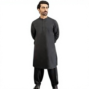 Haut décontracté pour homme en polyester noir à séchage rapide, fabriqué à partir de matériaux recyclés, style ethnique indien pakistanais traditionnel, longueur cheville, coupe régulière - Product Image 1