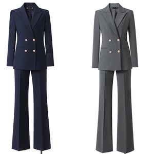 Women's Navy Blue Formal Suit Set Double Breasted Jacket Flared Pants Work Wear Spring Autumn Office Uniform - Product Image 4