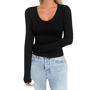 Custom <strong>Basic</strong> T-Shirt Women Cotton Scoop Neck Summer Fitted Wholesale <strong>Ladies</strong> Blank Slim <strong>Fit</strong> Printed OEM Long Sleeve T Shirt Women - Product Image 2
