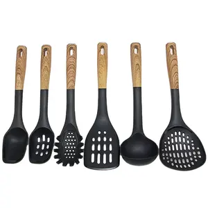 Manufacturer Custom 6pcs Wood Pattern Handle Nylon Kitchen Utensils Set Heat-resistant Cooking Ware Set With Utensils Holder