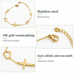 สร้อยข้อมือรูปหัวใจอินฟินิตี้ครอส สแตนเลสสตีล ชุบทอง 14K ด้วยระบบสุญญากาศ สายปรับได้ - Product Image 3
