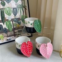 Tasse à café artisanale de Chaozhou avec motifs de feuilles de terrarium originaux sous glaçure céramique ; Cadeau en boîte cartonnée
