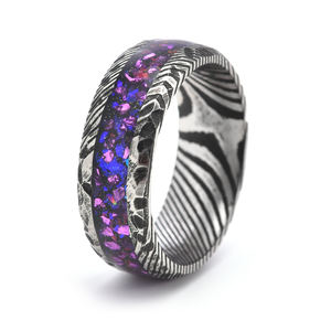 Bague de fiançailles ou de mariage personnalisée en acier damas 8 mm avec incrustation d'<span class=keywords><strong>opale</strong></span> galactique, tendance, plaquée <span class=keywords><strong>noire</strong></span>, pour homme, femme, couple - Product Image 1