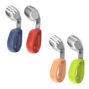 New Baby Spoon And Fork Set Stainless Steel Silicone Spoon And Fork Spork For Independent Learning With Crooked Head