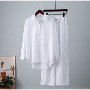 Chic 2025 stile europeo americano abbigliamento da donna Set tinta unita camicia plissettata Vintage pantaloni larghi per le tendenze estive - Product Image 5