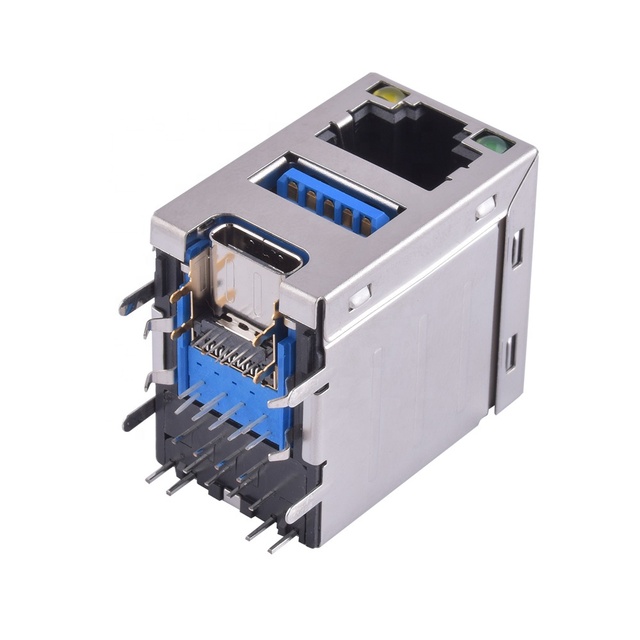 USB 3.0 Type-A + Type-C with RJ45 Jack Three-in-one Connector Through Hole Installation