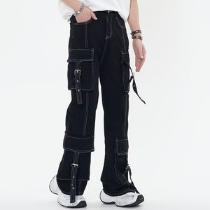 <span class=keywords><strong>Jeans</strong></span> Cargo in tinta unita stile scuro personalizzati da uomo larghi bianchi a contrasto <span class=keywords><strong>con</strong></span> cuciture a più grandi tasche larghe versatili moderni - Product Image 4