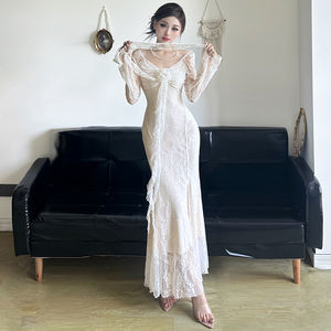 French Style 3D Floral Lace <b>Long</b> Sleeve Mermaid <b>Dress</b> Women Elegant Waist Slimming Ribbon Detail Evening <b>Gown</b> - Product Image 2