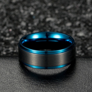 Unisex Matte Brushed <b>Titanium</b> Steel <b>Ring</b> <b>Black</b> And Blue Geometric Fashion Jewelry Gift - Product Image 2