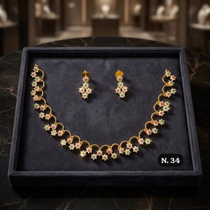 Elegant Matte Gold CZ Crystal Star Flower Chain Necklace <b>Set</b> Small Drop Earrings Ruby Pink Stone Minimalist Indian Jewelry Zinc - Product Image 2