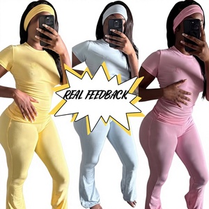 Completo Loungewear da <span class=keywords><strong>Donna</strong></span> OEM Due Pezzi Abbigliamento Femminile Autunnale con Leggings Lunghi Larghi Pantaloni a Zampa e T-shirt - Product Image 1