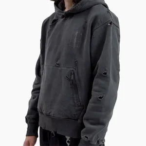 Herren Streetwear Siebdruck Sweatshirts 100 % Baumwolle Übergröße Säuregewasch zerrissenes rohes Hem-Schnitt-Kant-Kapuzenpullover für Jungen