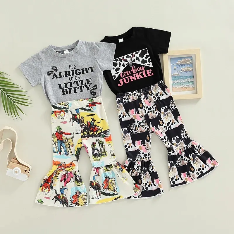 Factory price western cowboy print t-shirt flare pant kids outfit sets Indian baby girls clothing children clothes