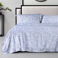 Parure de lit GOTS de luxe en coton biologique imprimé, percale de qualité hôtelière, motif floral bleu, 300 fils, drap plat, drap-housse et taie d'oreiller