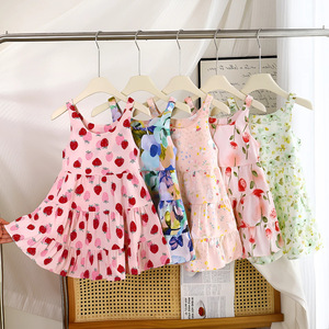 Nuovo Vestito Estivo in Fibra di Viscosa per Bambine, Stile Principessa, Stampa Floreale, Volant, Senza Maniche, Morbido, con Spalline - Product Image 1