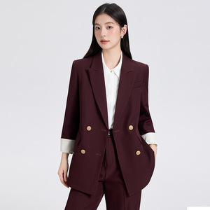 Women's Burgundy Double-Breasted Blazer With White Cuff Contrast Peak Lapel Casual Suit Jacket - Product Image 1