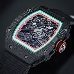 Montre mécanique de qualité supérieure avec bracelet élastique léger, mouvement creux en fibre de carbone noire, étanche, montre-bracelet pour homme - Product Image 1