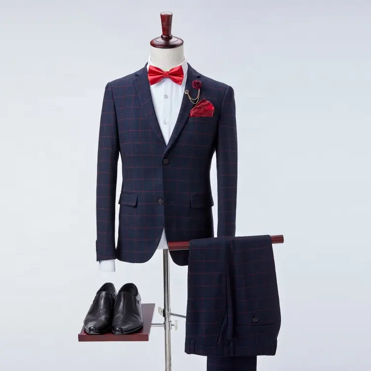 Classic three piece suits plaid pattern design men wedding suits