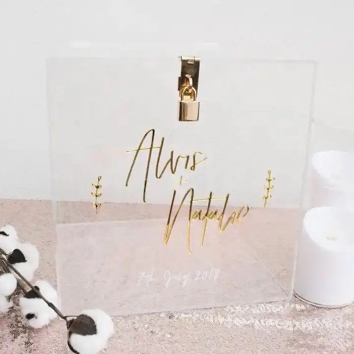 Benutzer definierte transparente Acryl Wunsch Geschenk box mit Schloss Spiegel Golden/Silber Hochzeits einladung Aufbewahrung sbox