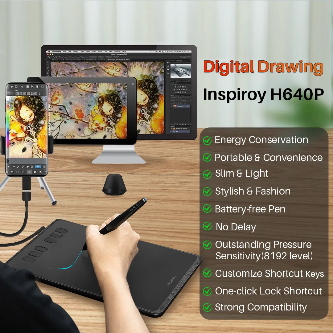 Huion professional design 8192 levels electronic battery free digital pen handwriting drawing graphic tablet for animation