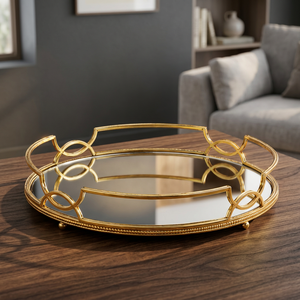 Plateau décoratif rond plaqué or Art Déco, design géométrique, surface miroir glamour, poignée multifonctionnelle pour la décoration intérieure - Product Image 1