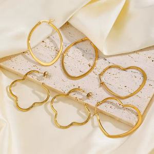 Nouvelles Boucles d'Oreilles Créoles en Acier Inoxydable Plaqué Or 18 carats, Style Hip Hop, Cœur Simple et Fleur Elliptique, Bijoux Tendance pour Femme - Product Image 3