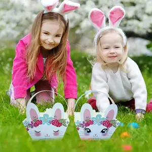 Easter Treat Boxes Mini Paper Easter Baskets For Kids DIY Egg Hunt Bunny Gift Box With Handle Cute Bunny Easter Party Decoration