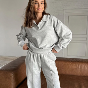 Ensemble 2 pièces en tricot gris pour femme, coupe ample, manches longues, couleur unie, col rabattu, sweat-shirt respirant en polaire - Product Image 2