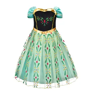 Vestido de princesa verde de Anna para niña, vestido bordado Floral de Froz para fiesta de Anna, ropa de Cosplay para chico, disfraz elegante de verano, princesa Elsa