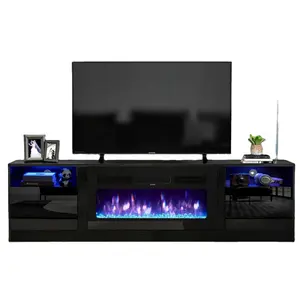 Soporte de TV de alto brillo moderno de 79 pulgadas con chimenea eléctrica de 36 pulgadas, soporte de TV con calentador de chimenea eléctrica para TV de hasta 90 ", negro