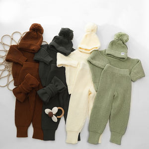 秋冬新生儿罗纹厚实针织裤长袖儿童针织套装毛衣套装带豆豆套装 - Product Image 1