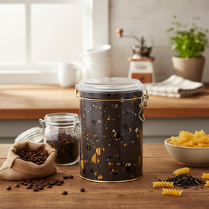 1.1L Terrazzo Brown Round Metal Food <b>Storage</b> <b>Container</b> Ø105x150mm with Wire Clasp and Transparent Lid - Product Image 3