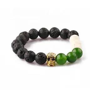 Hot selling bracelets Natural Green Agate Mix Black Lava Stone Skull Head Spacer Elastic Beads Bracelets
