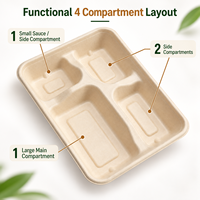 Plateau rectangulaire biodégradable en bagasse à 4 compartiments pour la préparation des repas, les stands de restauration, les événements et la restauration en gros