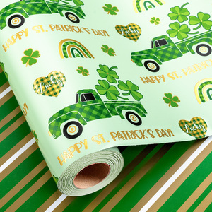 St Patricks Day gift wrapping <b>paper</b> Green cartoon car with four <b>leaf</b> clover pattern Double sided printing customizable - Product Image 1