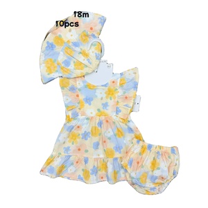 Wholesale <strong>Baby</strong> <strong>Girl</strong> 3-Piece Summer Outfit Set - Floral Print Ruffle Dress + Matching Bloomers + Bonnet Hat, 3M-18M, 10pcs/Lot - Product Image 1