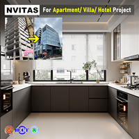 Meubles de cuisine modulaires modernes en bois NVITAS, finition stratifiée, construction en contreplaqué pour projets de centres commerciaux, hôtels, appartements et villas